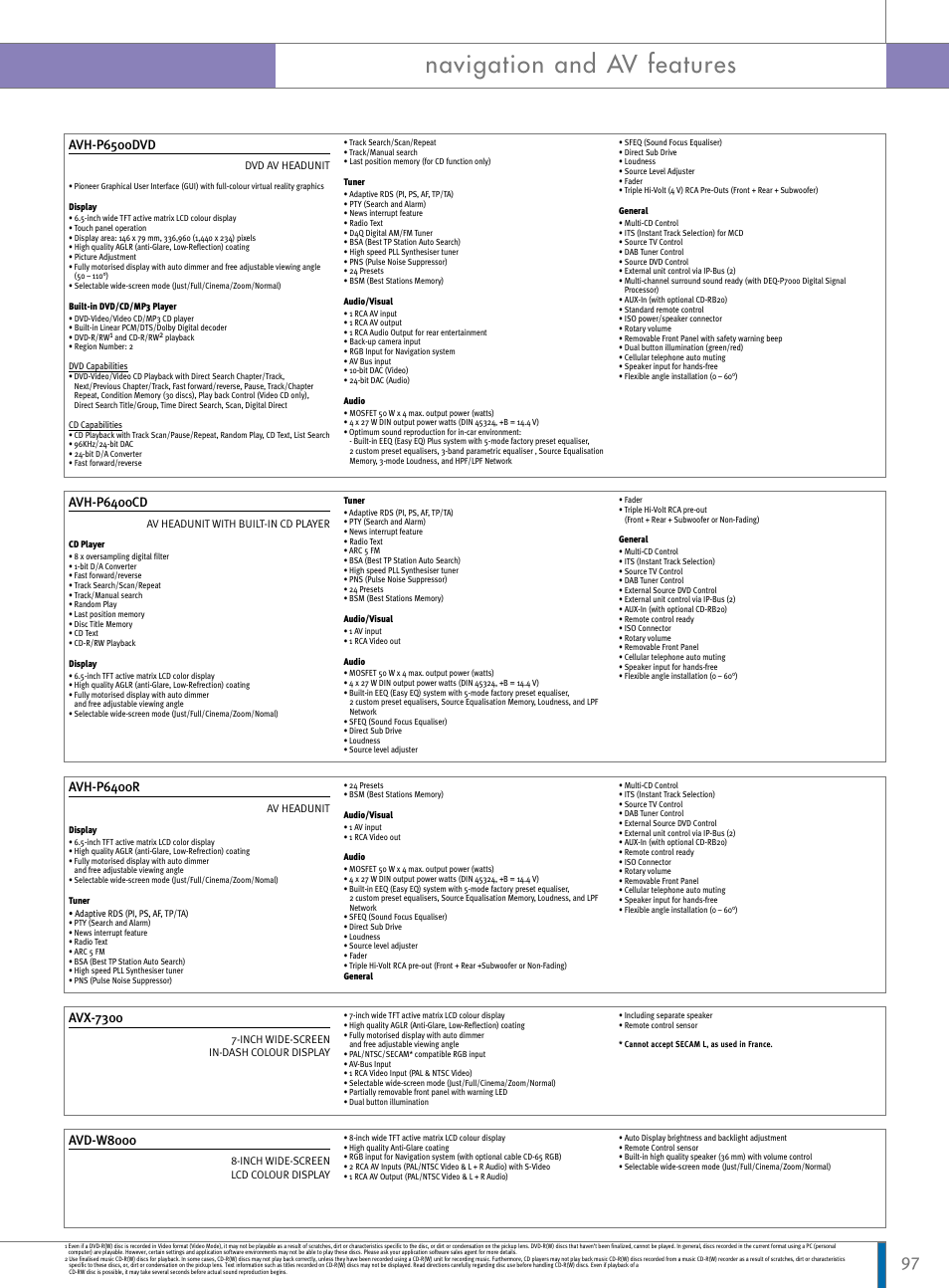 Navigation and av features, Avh-p6500dvd, Avh-p6400cd | Avh-p6400r, Avx-7300, Avd-w8000 | Pioneer Reference Series DEX-P9R User Manual | Page 47 / 52