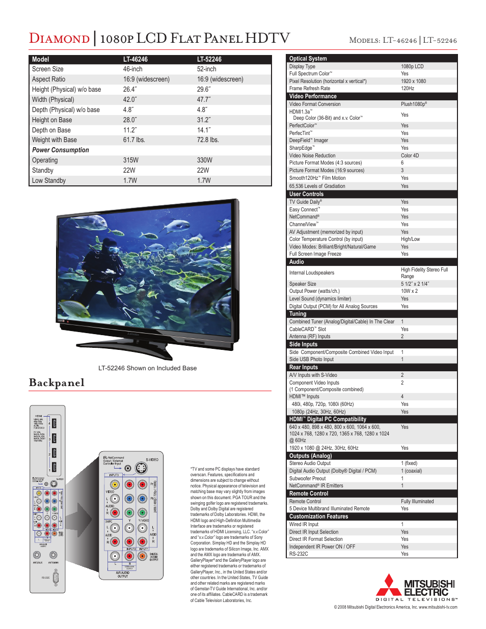 Diamond | 1080p lcd flat panel hdtv, Backpanel | MITSUBISHI ELECTRIC Diamond LT-46246 User Manual | Page 2 / 2