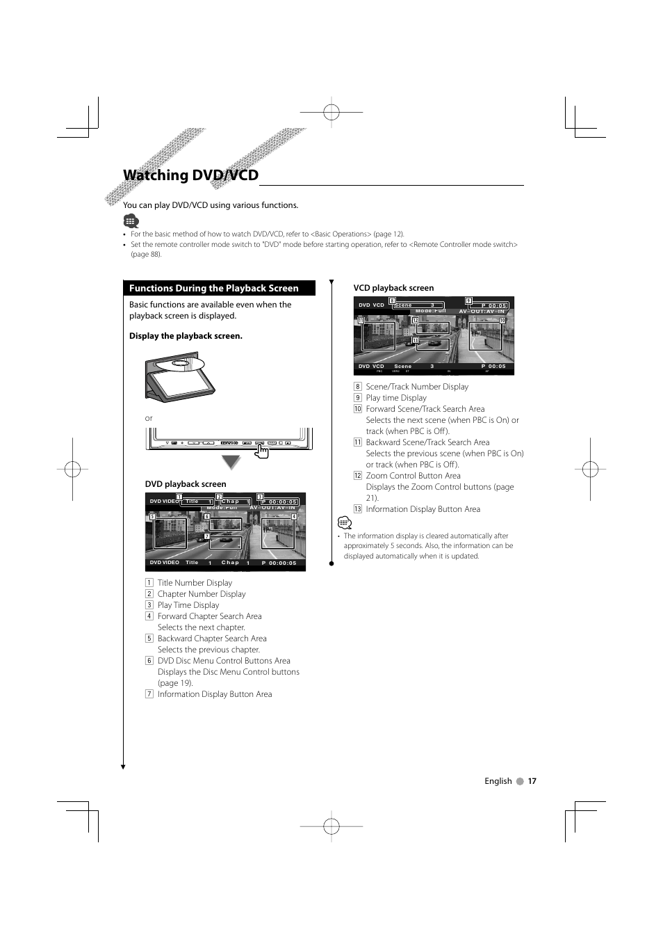 Watching dvd/vcd, Functions during the playback screen | Mitsubishi Motors B64-3824-00/00 (MV) MZ360234EX (DNX7200ZM4) User Manual | Page 17 / 100