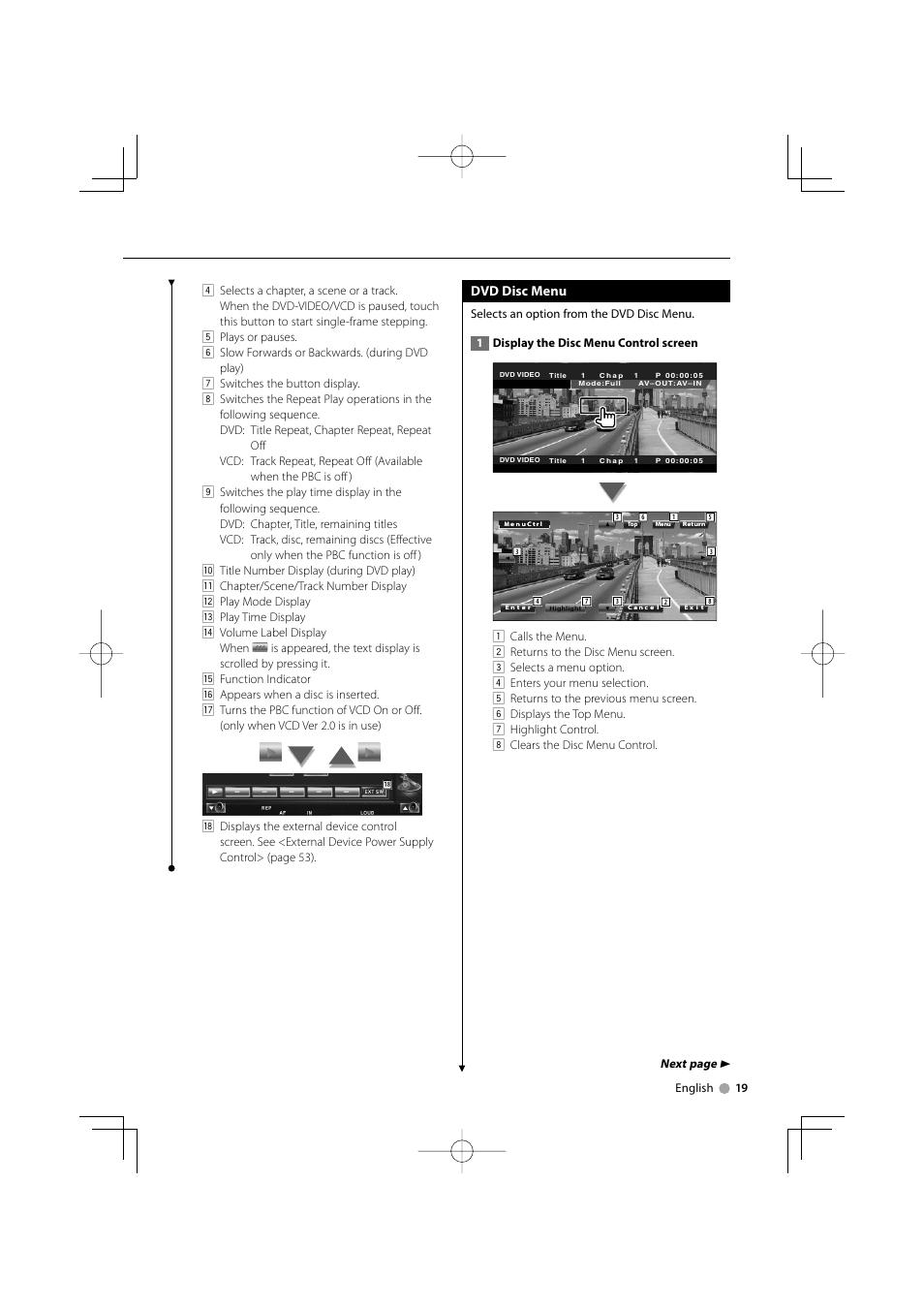 Dvd disc menu, Next page 3 | Mitsubishi Motors B64-3824-00/00 (MV) MZ360234EX (DNX7200ZM4) User Manual | Page 19 / 100