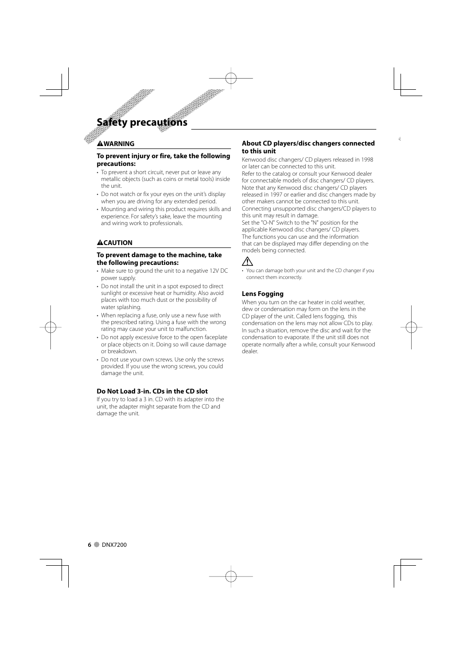 Safety precautions | Mitsubishi Motors B64-3824-00/00 (MV) MZ360234EX (DNX7200ZM4) User Manual | Page 6 / 100