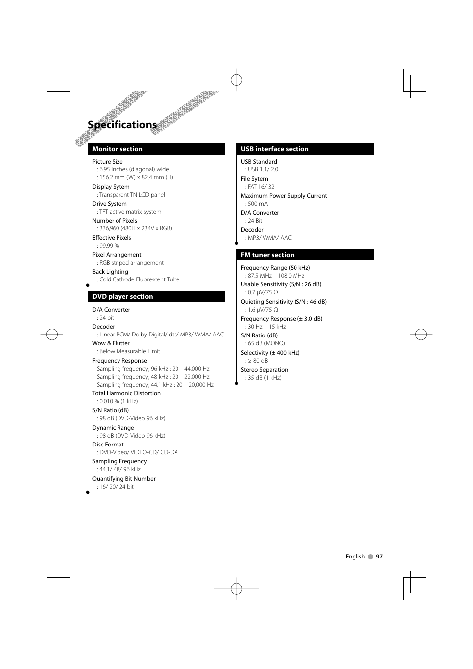 Specifications | Mitsubishi Motors B64-3824-00/00 (MV) MZ360234EX (DNX7200ZM4) User Manual | Page 97 / 100