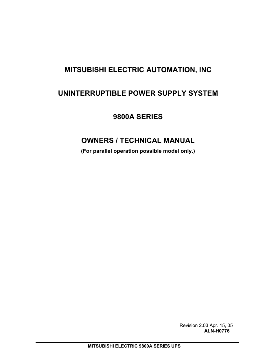 MITSUBISHI ELECTRIC 9800A SERIES UPS systems User Manual | 70 pages