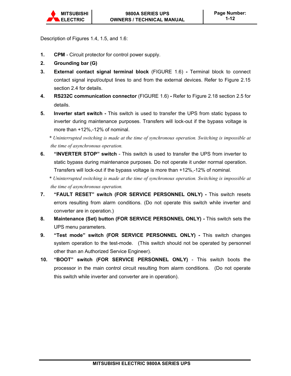 MITSUBISHI ELECTRIC 9800A SERIES UPS systems User Manual | Page 18 / 70