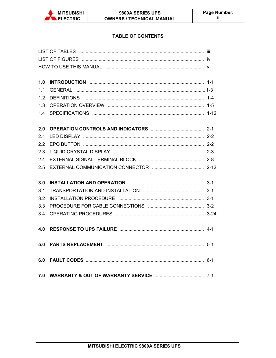 MITSUBISHI ELECTRIC 9800A SERIES UPS systems User Manual | Page 3 / 70