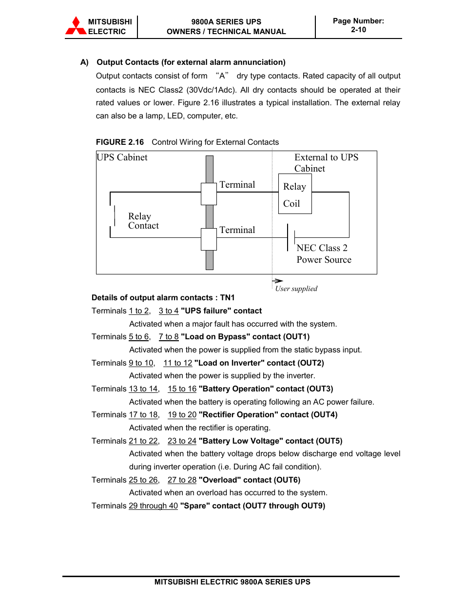 Terminal, Ups cabinet, External to ups | Cabinet, Relay, Coil, Nec class 2, Power source, Contact | MITSUBISHI ELECTRIC 9800A SERIES UPS systems User Manual | Page 31 / 70