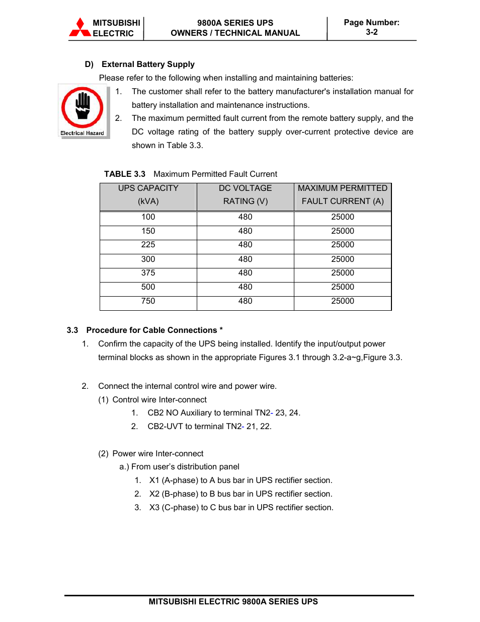 MITSUBISHI ELECTRIC 9800A SERIES UPS systems User Manual | Page 35 / 70