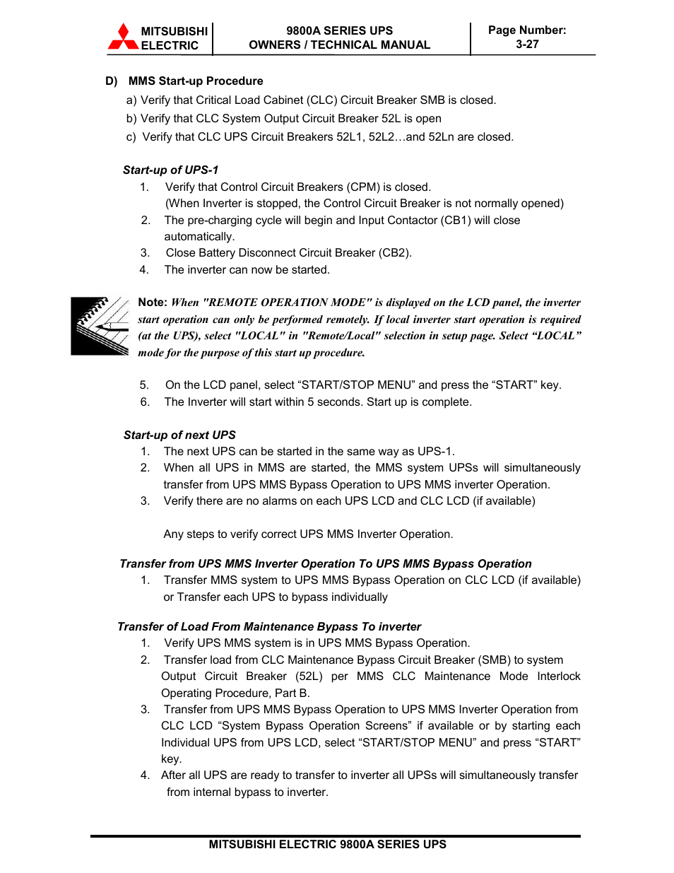 MITSUBISHI ELECTRIC 9800A SERIES UPS systems User Manual | Page 60 / 70