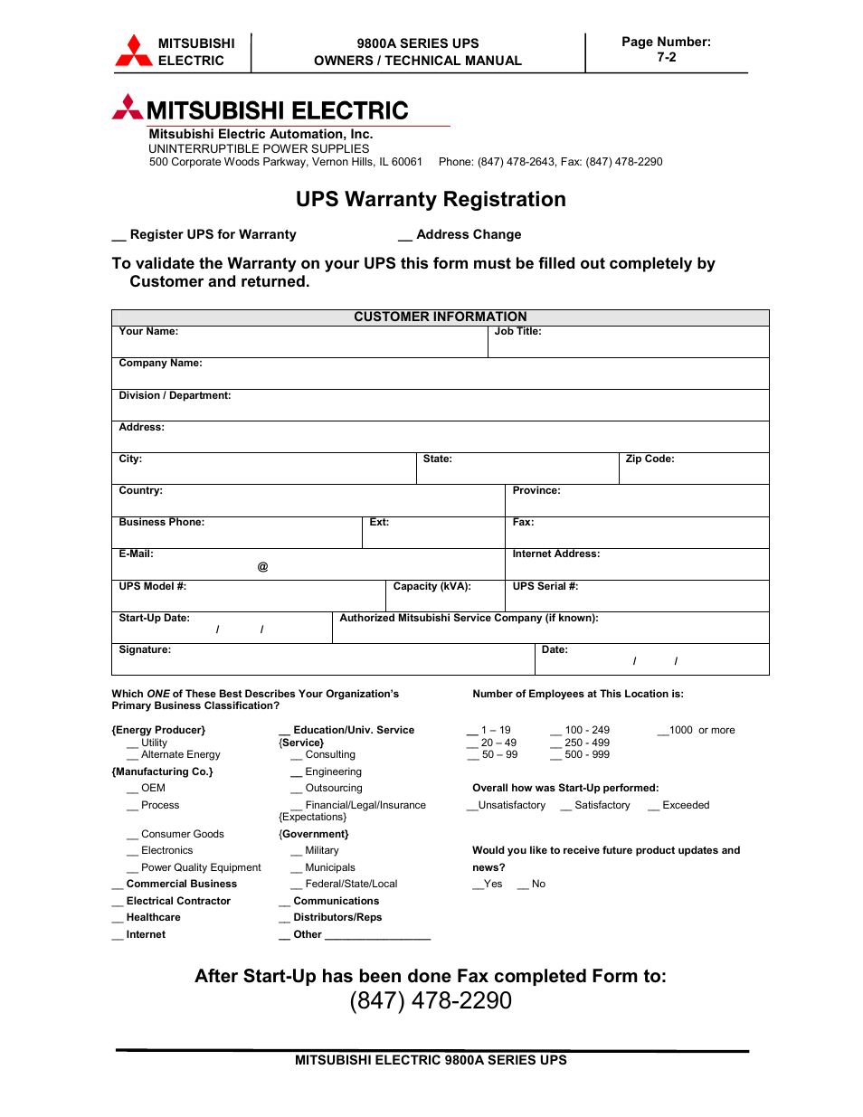 Ups warranty registration, After start-up has been done fax completed form to | MITSUBISHI ELECTRIC 9800A SERIES UPS systems User Manual | Page 70 / 70