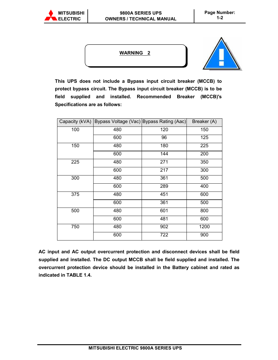 MITSUBISHI ELECTRIC 9800A SERIES UPS systems User Manual | Page 8 / 70