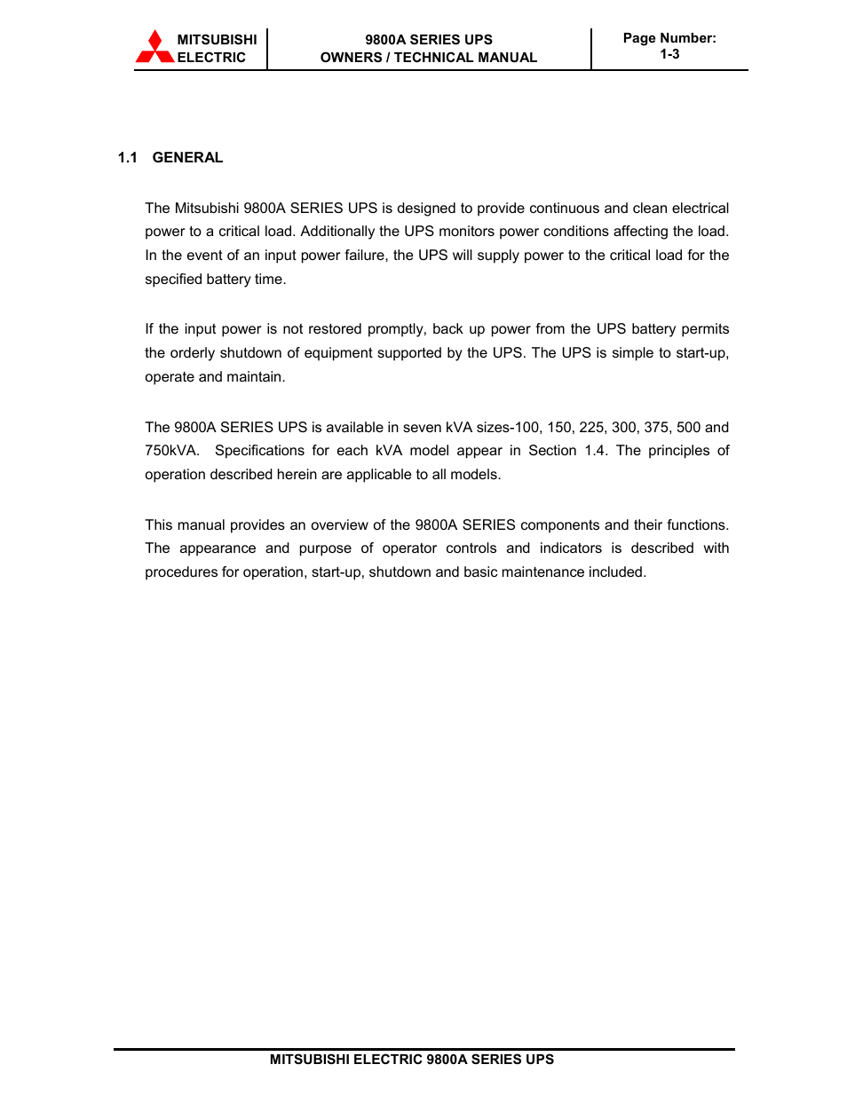 MITSUBISHI ELECTRIC 9800A SERIES UPS systems User Manual | Page 9 / 70