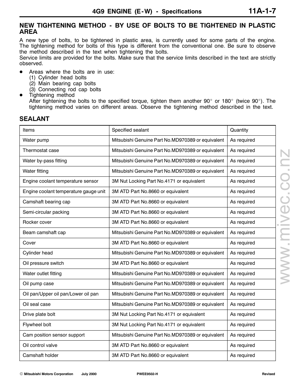Sealant, 11a-1-7, 4g9 engine (e-w) | Mitsubishi Motors 4G9 User Manual | Page 16 / 171