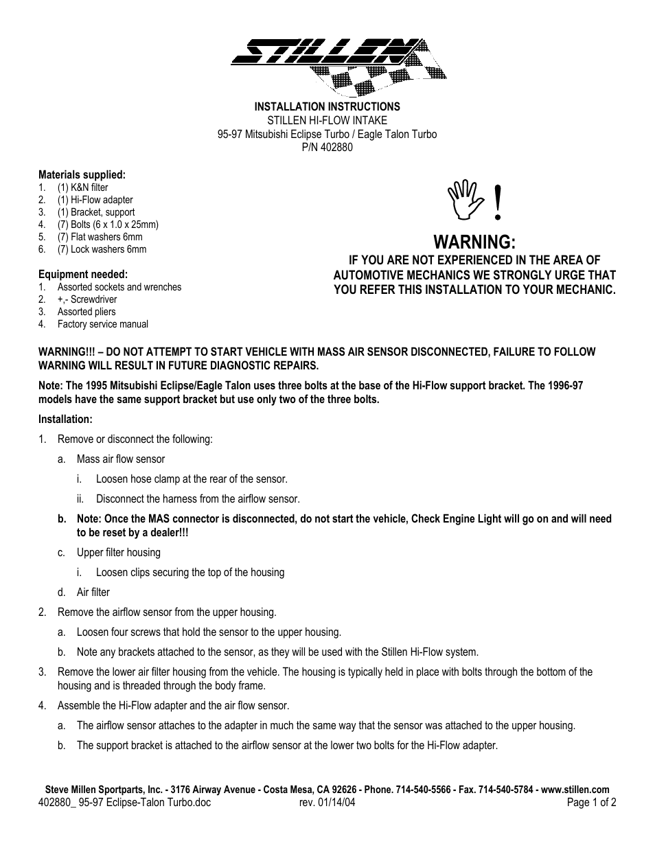 Stillen HI-FLOW INTAKE 95-97 Mitsubishi Eclipse Turbo User Manual | 2 pages