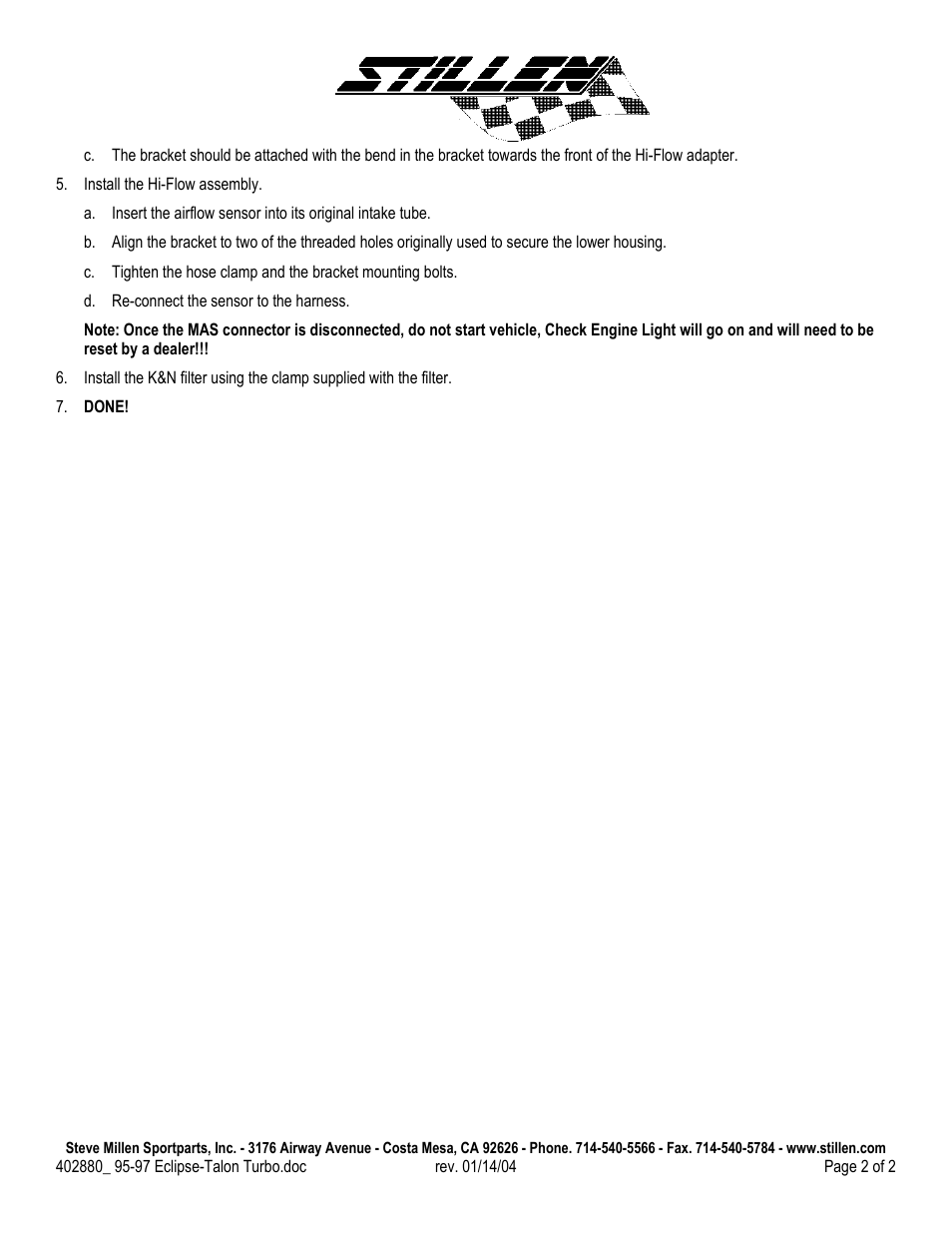 Stillen HI-FLOW INTAKE 95-97 Mitsubishi Eclipse Turbo User Manual | Page 2 / 2