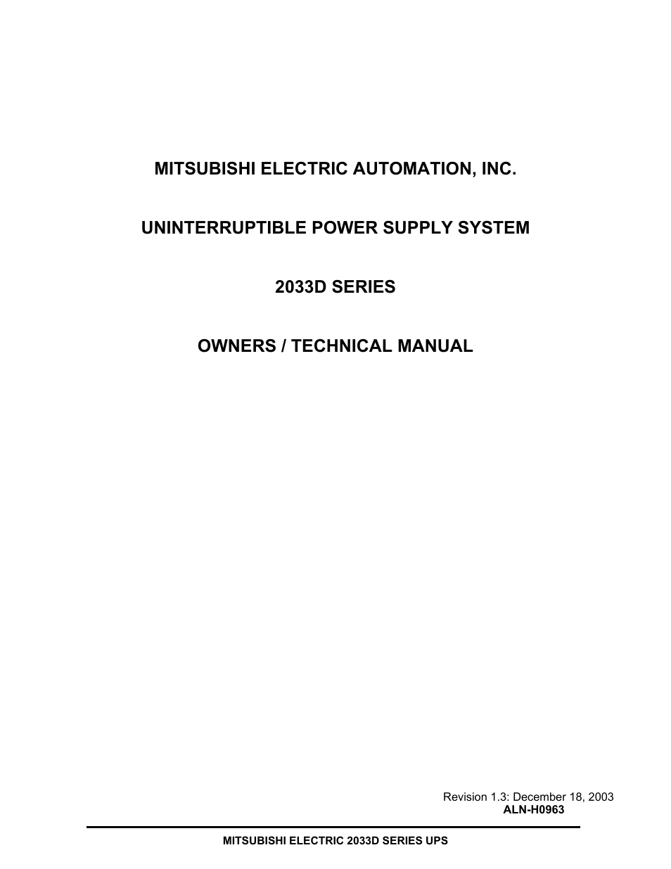 MITSUBISHI ELECTRIC 2033D SERIES UPS systems User Manual | 54 pages