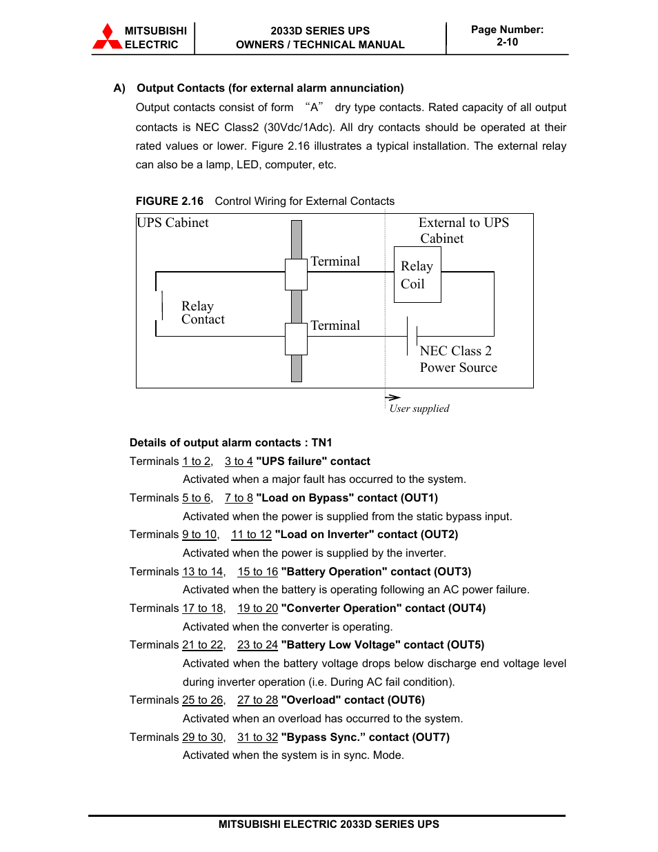 Terminal ups cabinet external to ups, Cabinet, Relay coil | Nec class 2 power source, Relay, Contact, Terminal | MITSUBISHI ELECTRIC 2033D SERIES UPS systems User Manual | Page 29 / 54