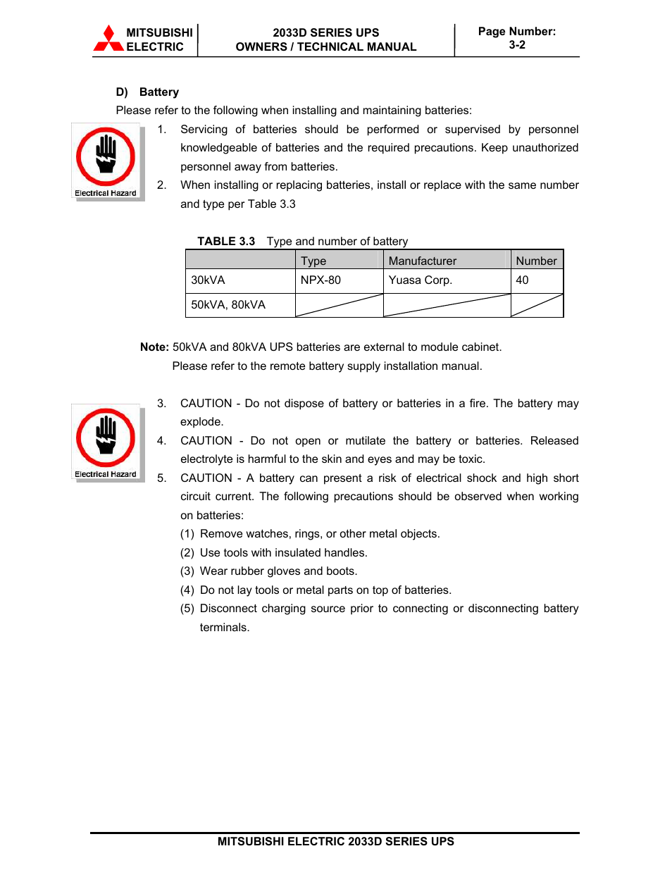 MITSUBISHI ELECTRIC 2033D SERIES UPS systems User Manual | Page 34 / 54