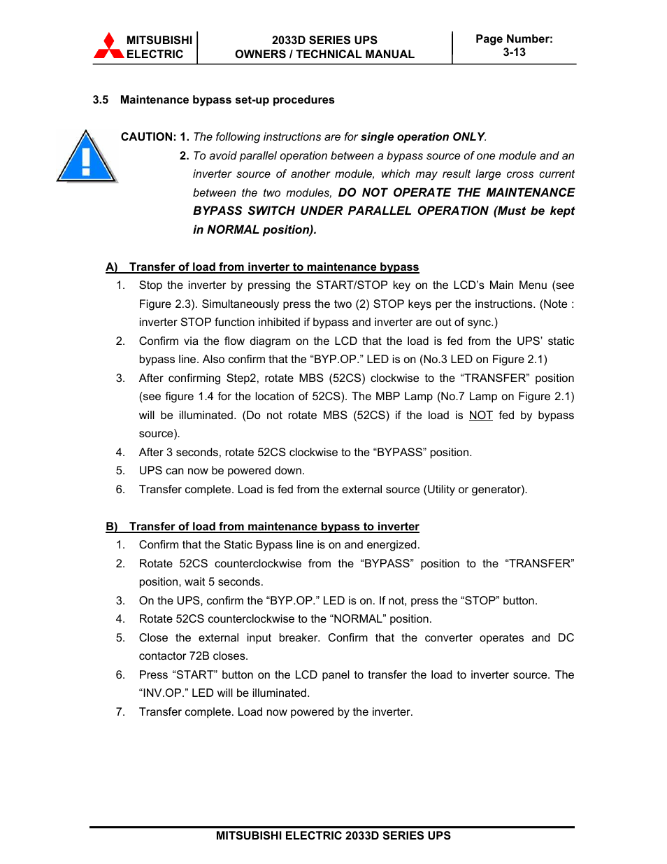 MITSUBISHI ELECTRIC 2033D SERIES UPS systems User Manual | Page 45 / 54