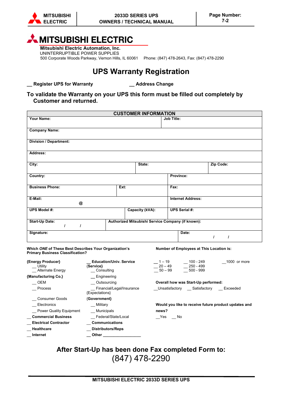 Ups warranty registration, After start-up has been done fax completed form to | MITSUBISHI ELECTRIC 2033D SERIES UPS systems User Manual | Page 54 / 54