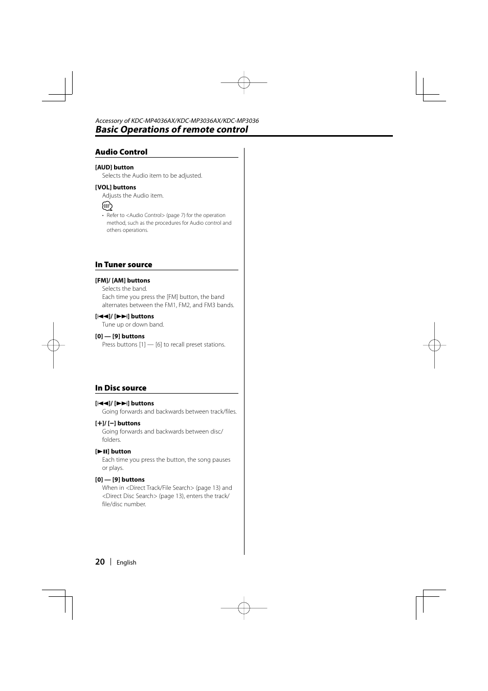 Basic operations of remote control | Mitsubishi Motors MZ360236EX (KDC336AXAM4) User Manual | Page 20 / 28