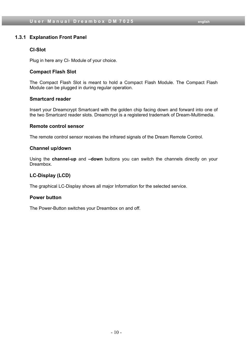 1 explanation front panel | Dream Multimedia Dreambox DM 7025 User Manual | Page 10 / 91