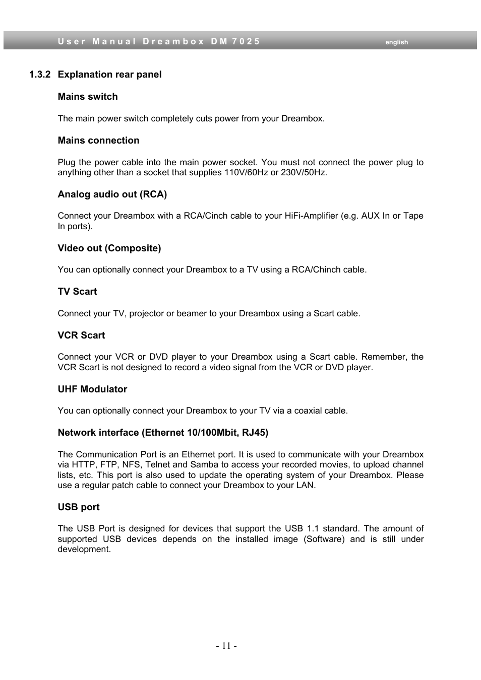 2 explanation rear panel | Dream Multimedia Dreambox DM 7025 User Manual | Page 11 / 91