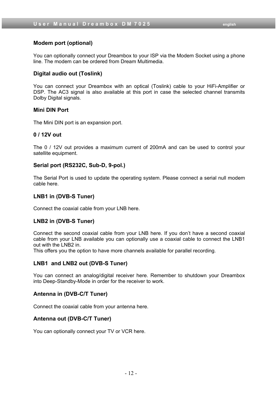 Dream Multimedia Dreambox DM 7025 User Manual | Page 12 / 91