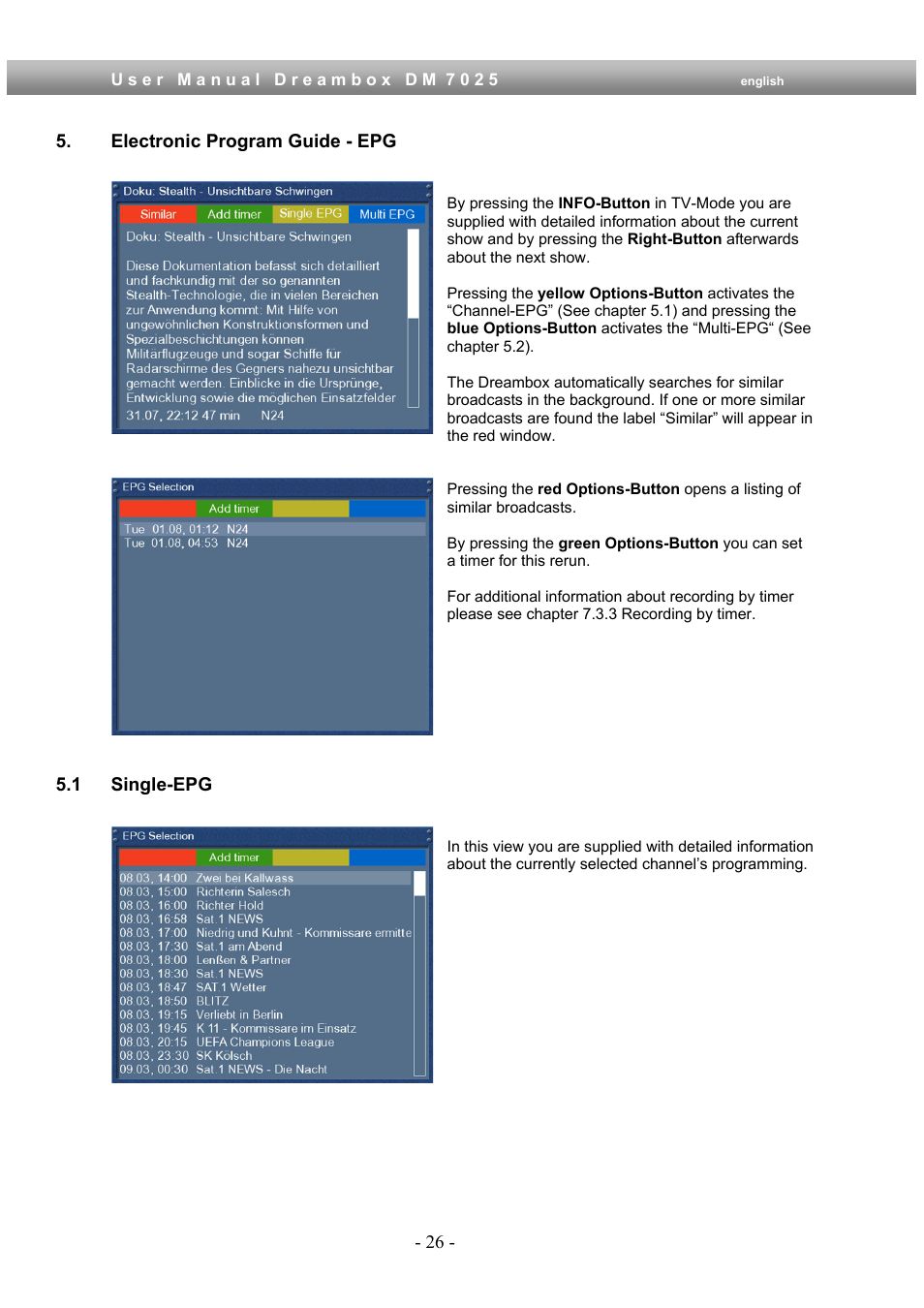 Electronic program guide - epg, 1 single-epg | Dream Multimedia Dreambox DM 7025 User Manual | Page 26 / 91