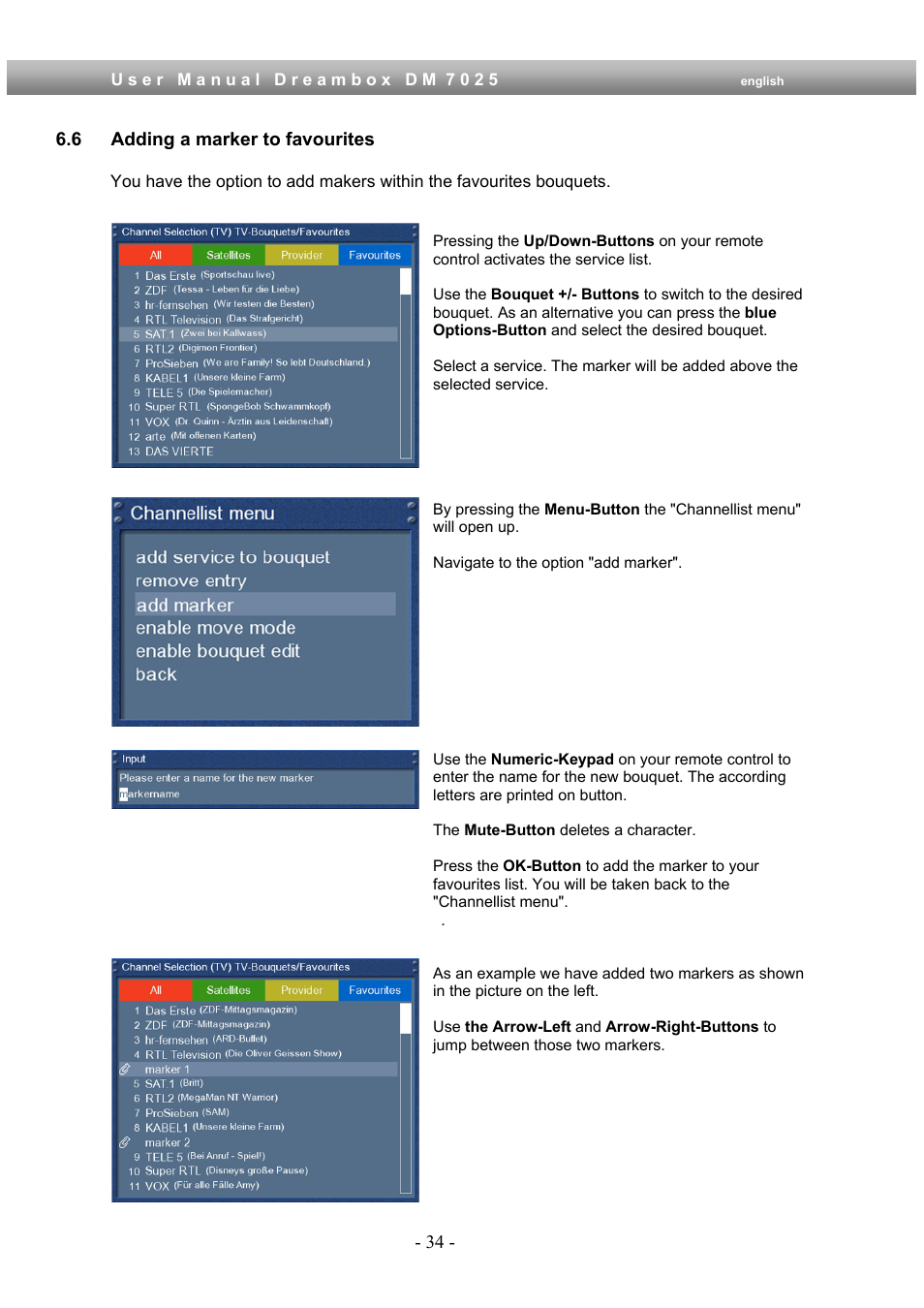 6 adding a marker to favourites | Dream Multimedia Dreambox DM 7025 User Manual | Page 34 / 91