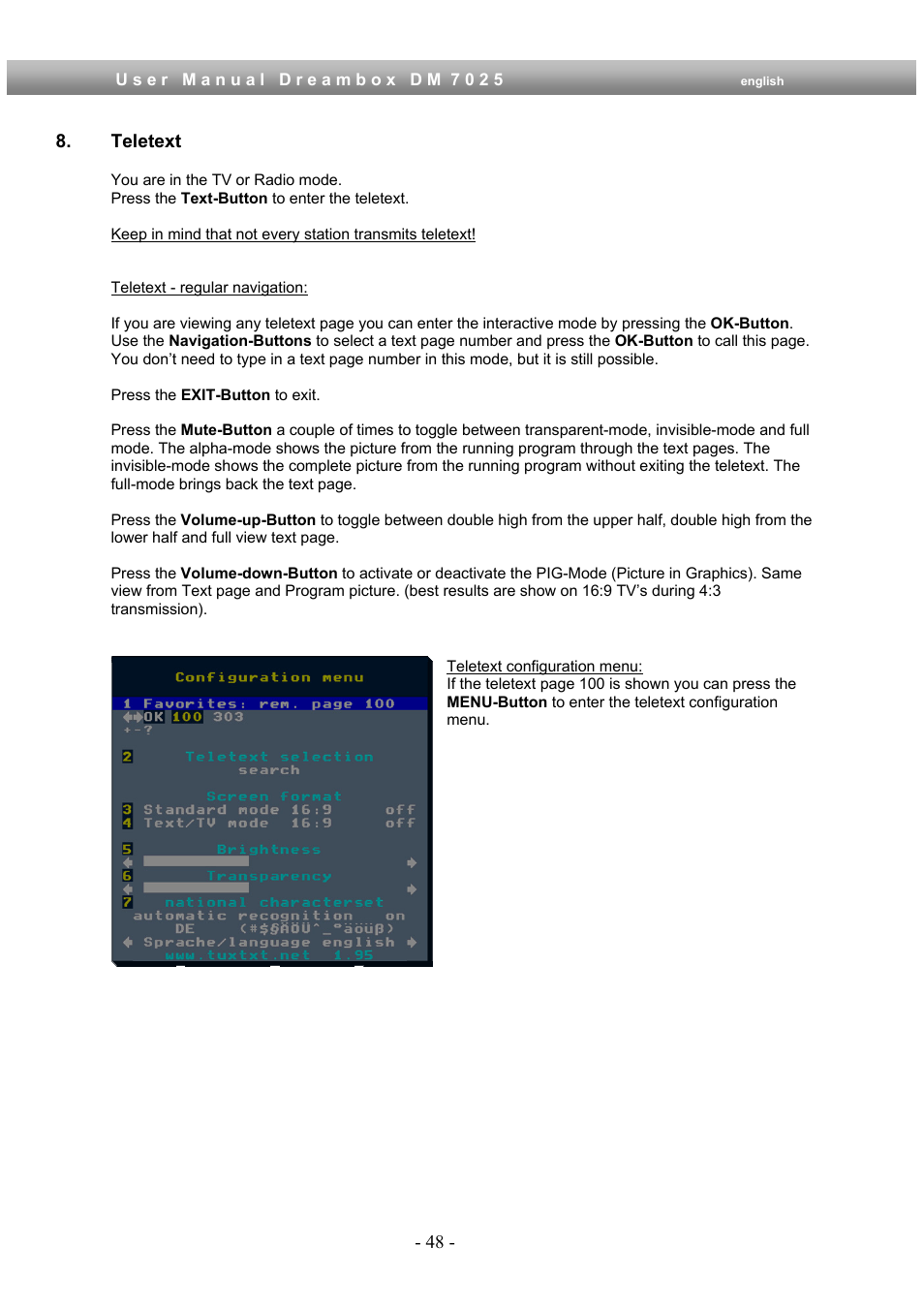 Teletext | Dream Multimedia Dreambox DM 7025 User Manual | Page 48 / 91