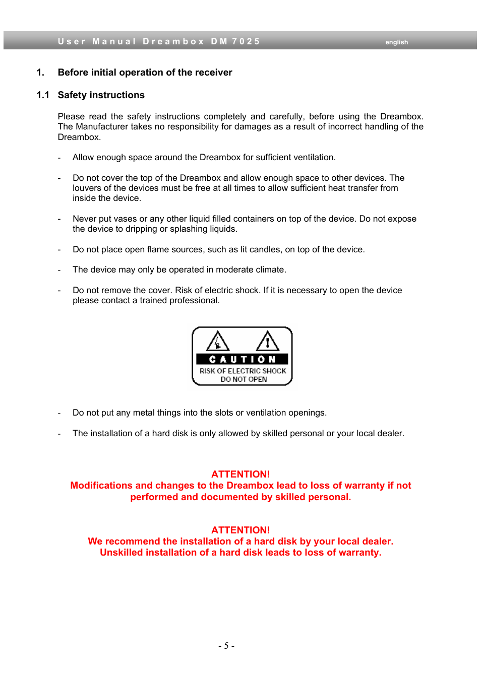 Before initial operation of the receiver, 1 safety instructions | Dream Multimedia Dreambox DM 7025 User Manual | Page 5 / 91