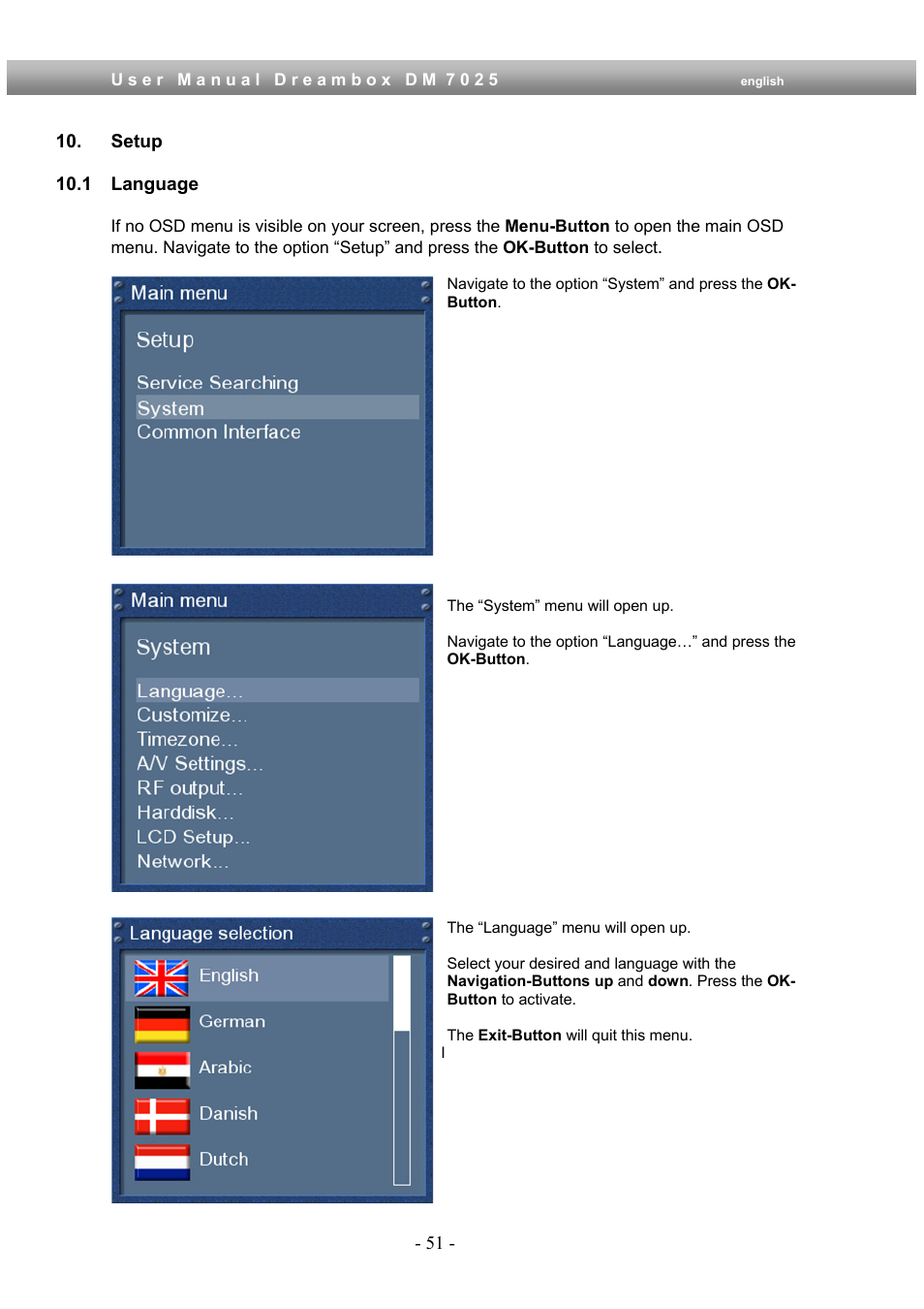 Setup, 1 language | Dream Multimedia Dreambox DM 7025 User Manual | Page 51 / 91