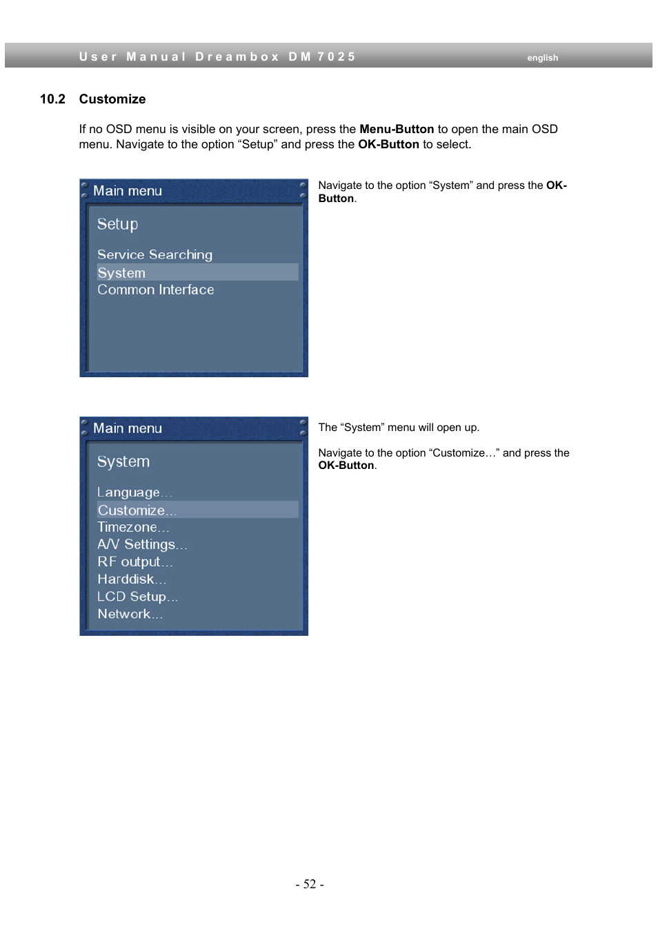 2 customize | Dream Multimedia Dreambox DM 7025 User Manual | Page 52 / 91