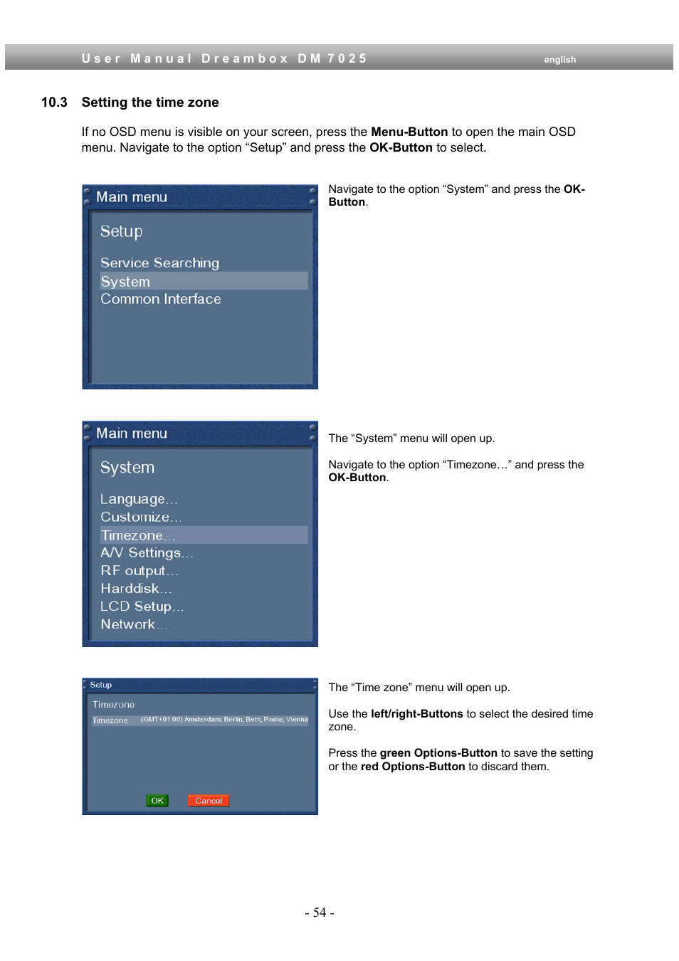 3 setting the time zone | Dream Multimedia Dreambox DM 7025 User Manual | Page 54 / 91