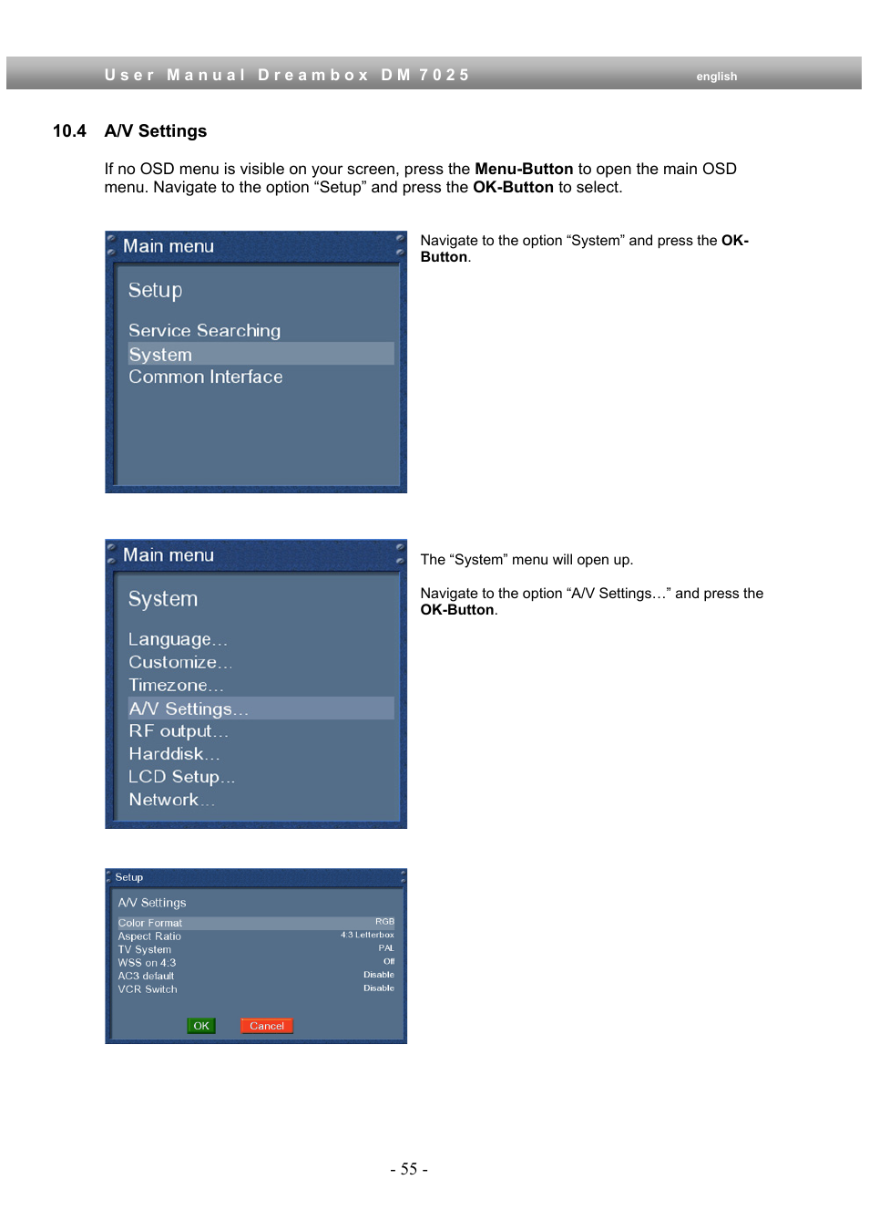 4 a/v settings | Dream Multimedia Dreambox DM 7025 User Manual | Page 55 / 91