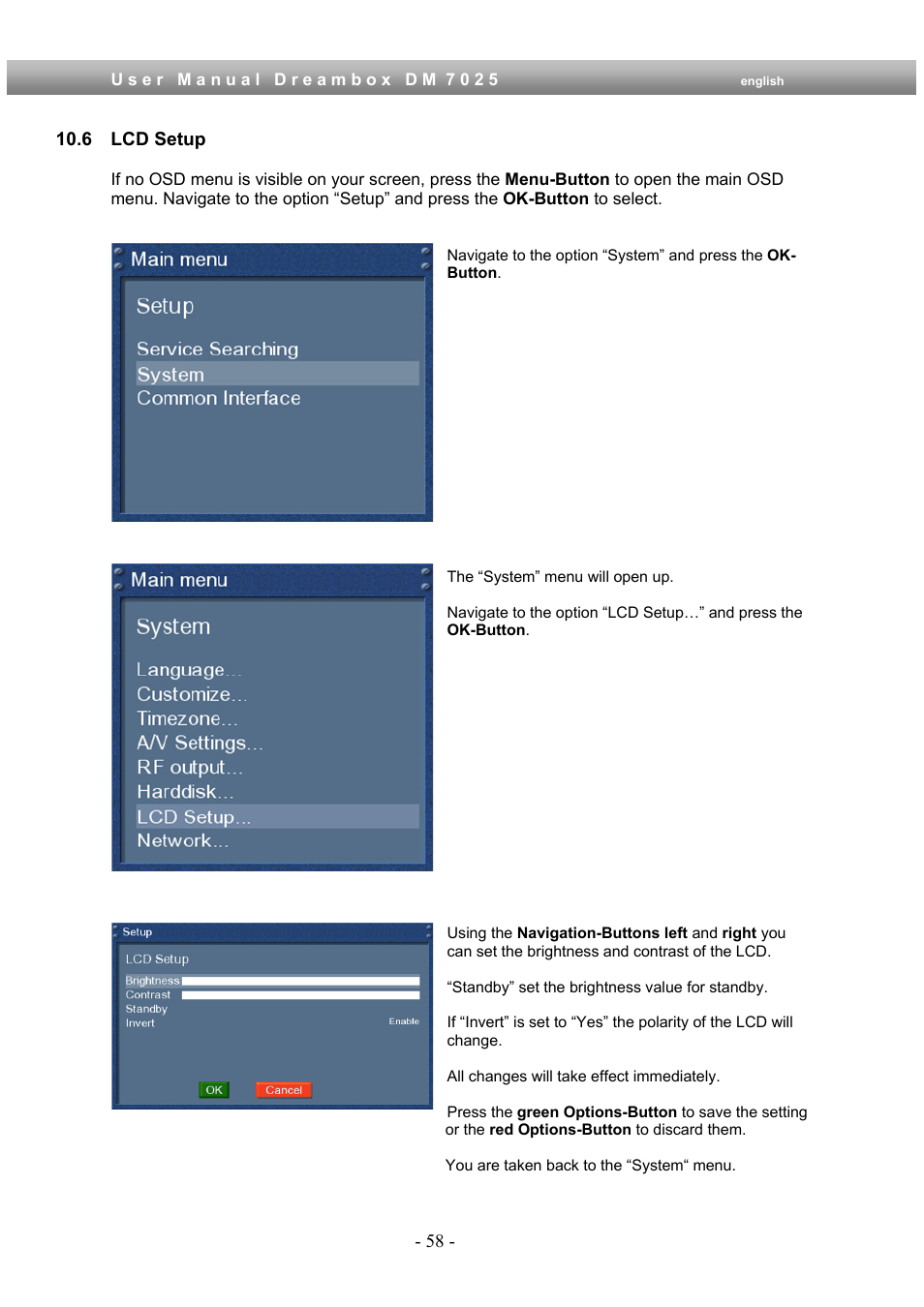 6 lcd setup | Dream Multimedia Dreambox DM 7025 User Manual | Page 58 / 91
