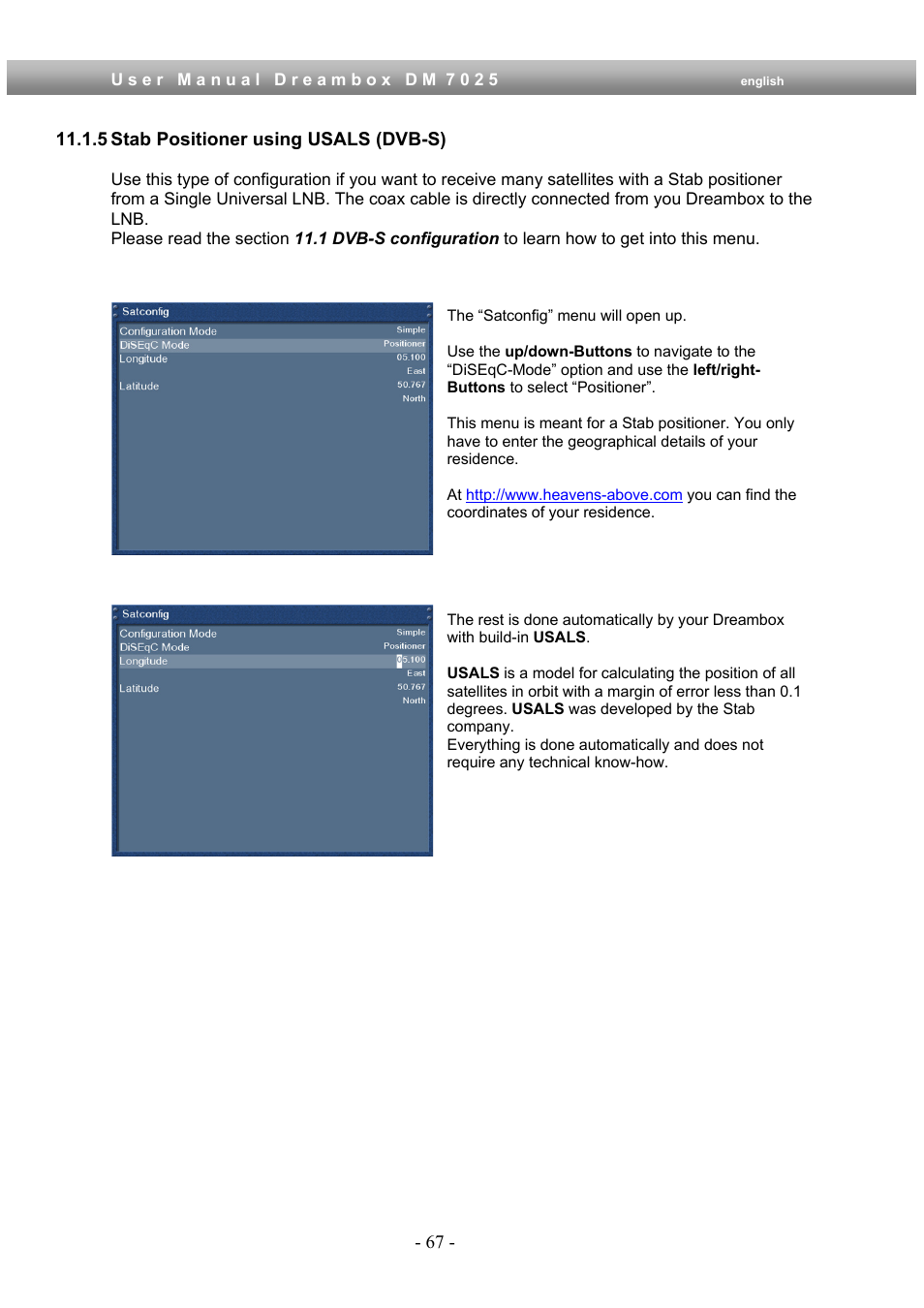 5 stab positioner using usals (dvb-s) | Dream Multimedia Dreambox DM 7025 User Manual | Page 67 / 91