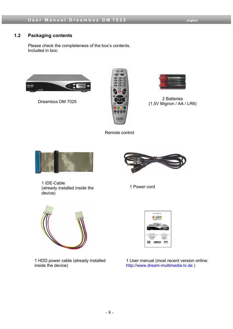 2 packaging contents | Dream Multimedia Dreambox DM 7025 User Manual | Page 8 / 91