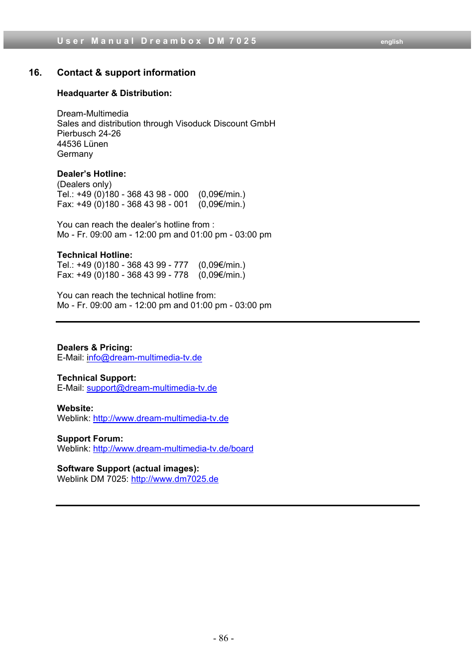 Contact & support information | Dream Multimedia Dreambox DM 7025 User Manual | Page 86 / 91