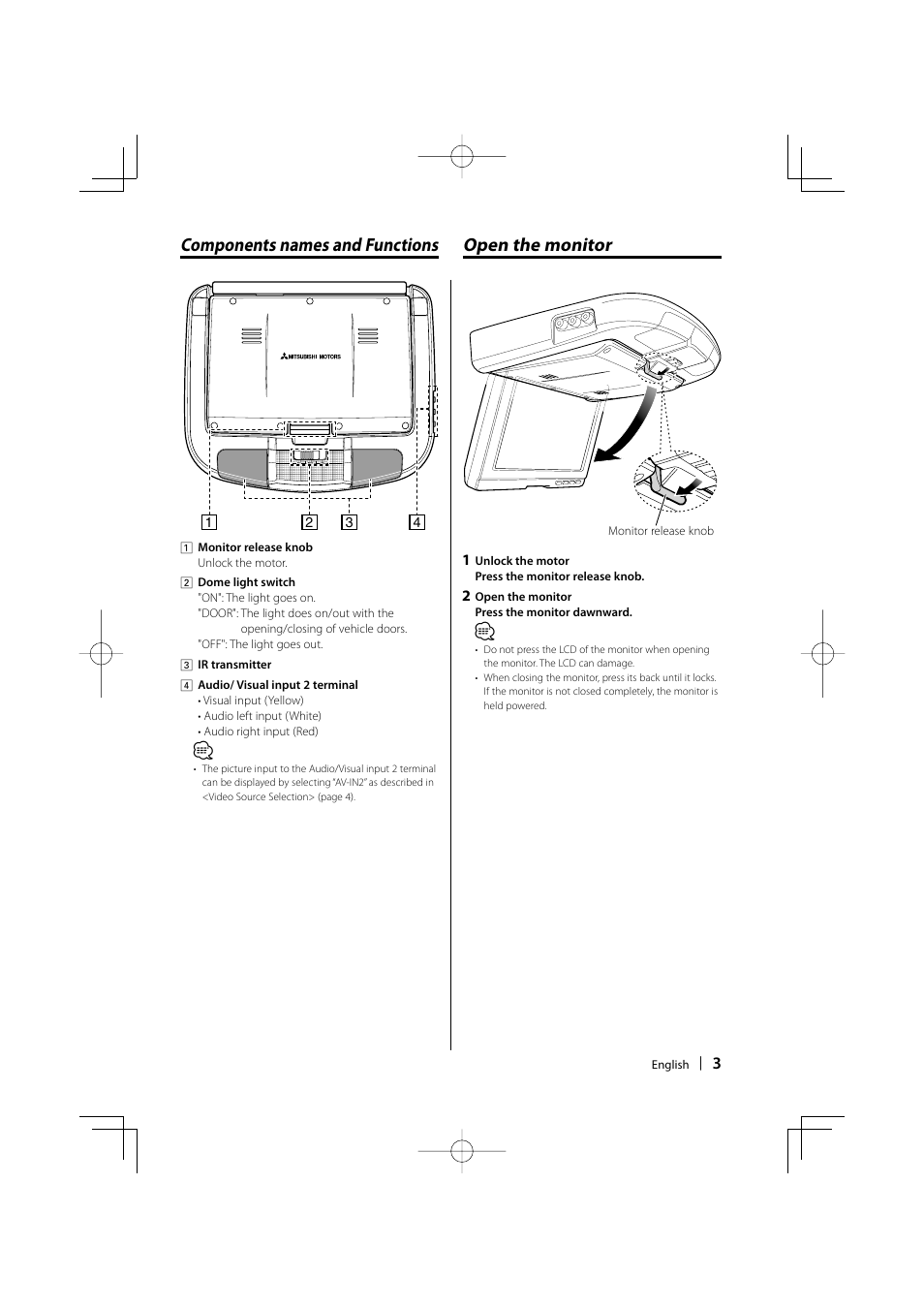 Components names and functions, Open the monitor | Mitsubishi Motors MZ360229EX User Manual | Page 3 / 8