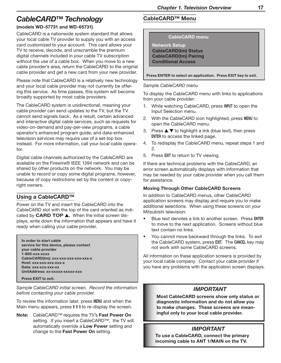 Cablecard™ technology | MITSUBISHI ELECTRIC WD-52631 User Manual | Page 17 / 108