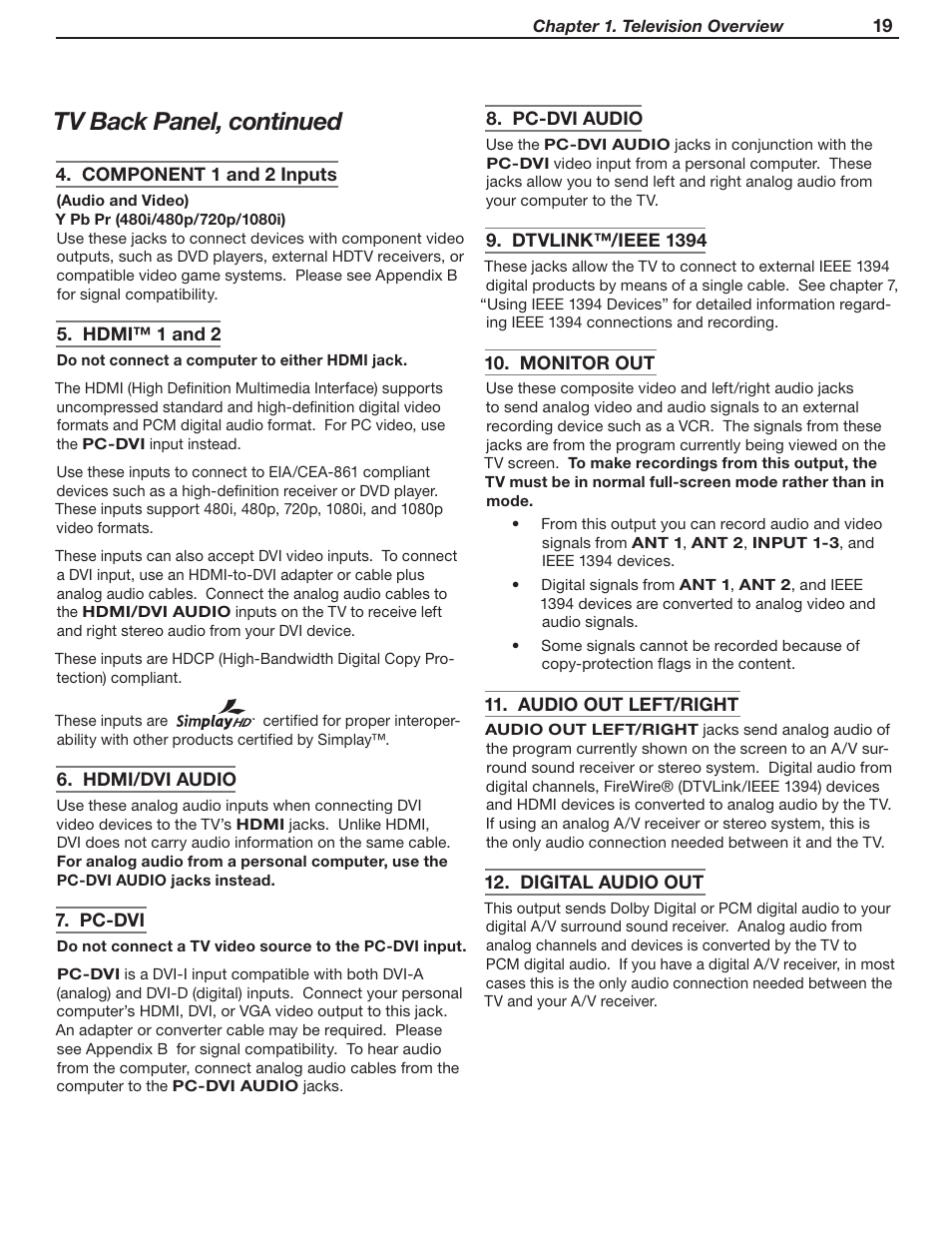 Tv back panel, continued | MITSUBISHI ELECTRIC WD-52631 User Manual | Page 19 / 108