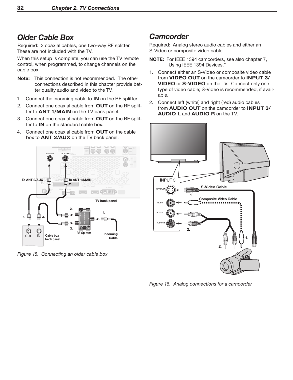 Older cable box, Camcorder, Chapter 2. tv connections | Figure 15. connecting an older cable box, Figure 16. analog connections for a camcorder, Pnqptjuf7jefp$bcmf 47jefp$bcmf | MITSUBISHI ELECTRIC WD-52631 User Manual | Page 32 / 108