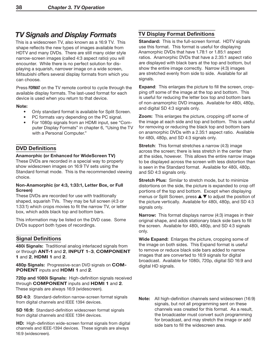Tv signals and display formats | MITSUBISHI ELECTRIC WD-52631 User Manual | Page 38 / 108