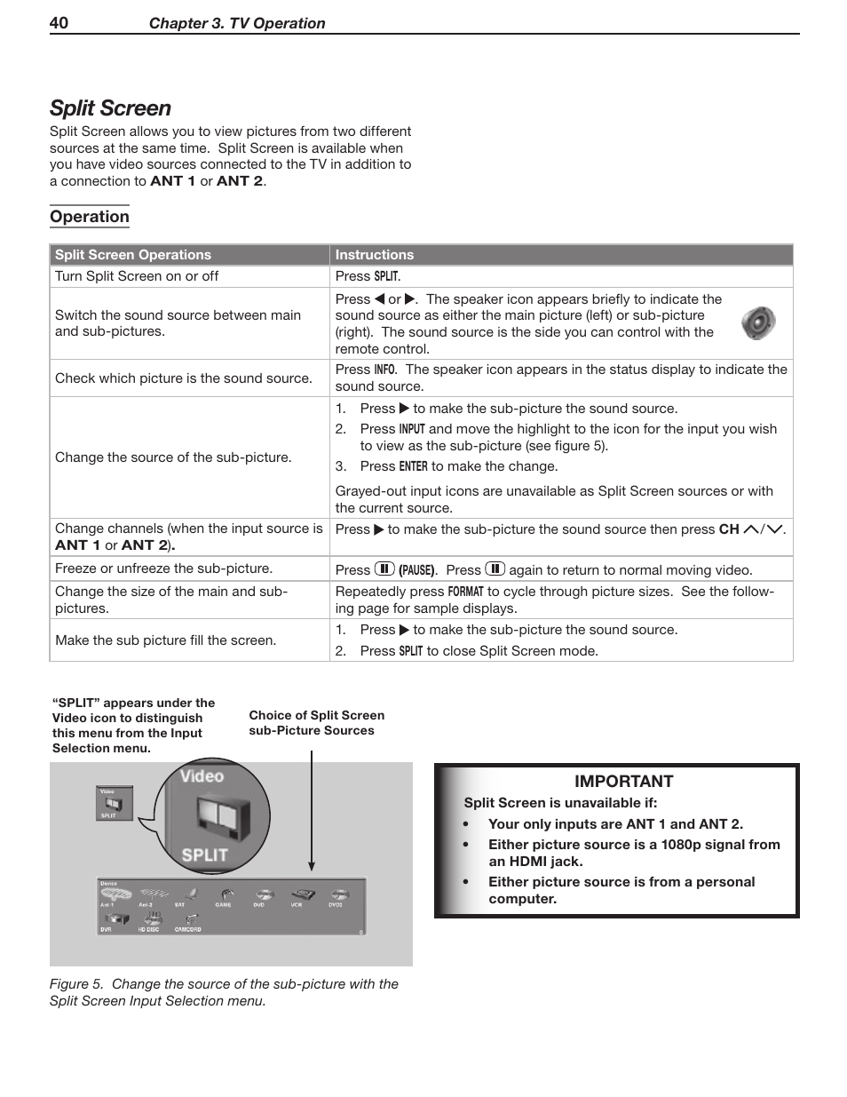 Split screen | MITSUBISHI ELECTRIC WD-52631 User Manual | Page 40 / 108