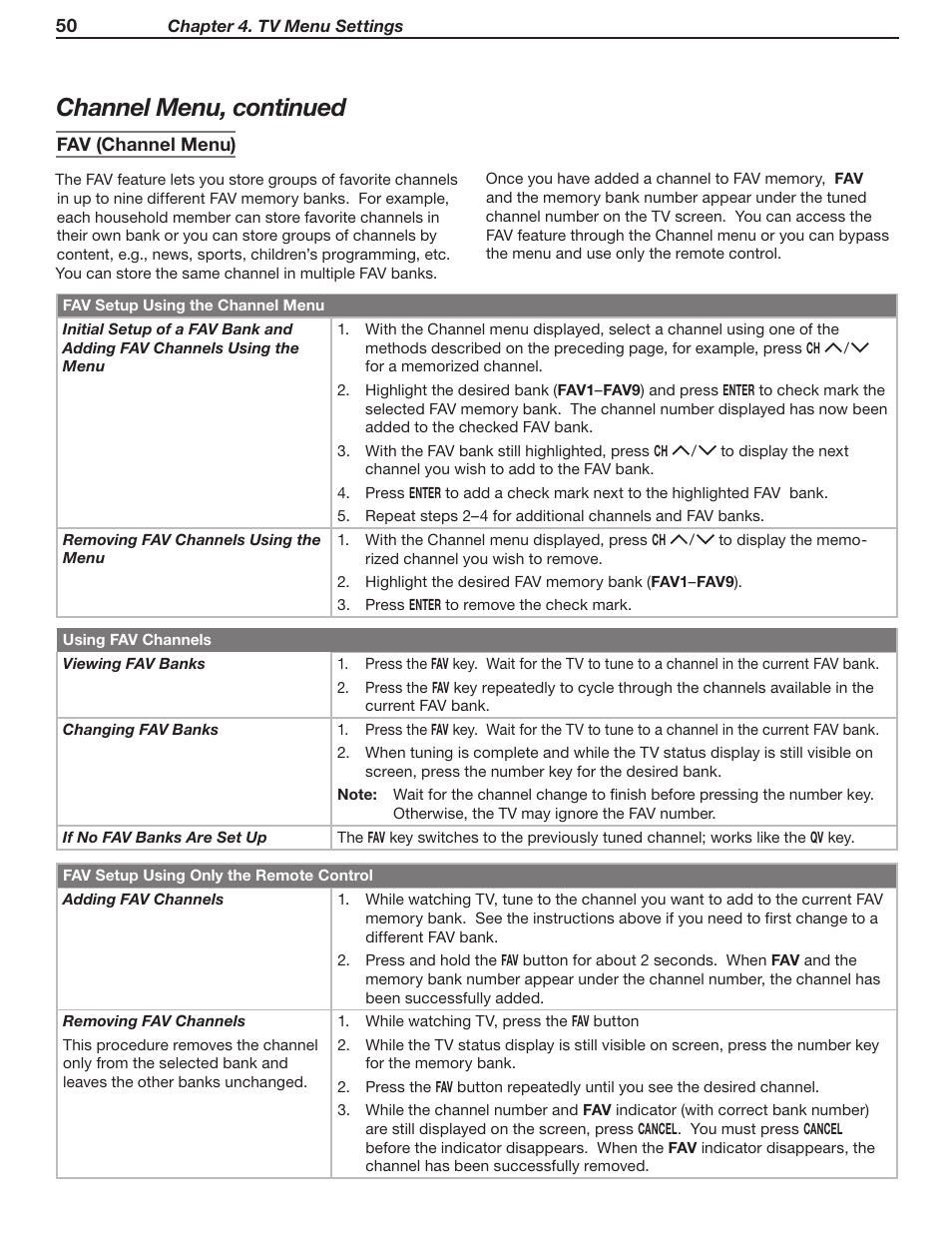 Channel menu, continued | MITSUBISHI ELECTRIC WD-52631 User Manual | Page 50 / 108