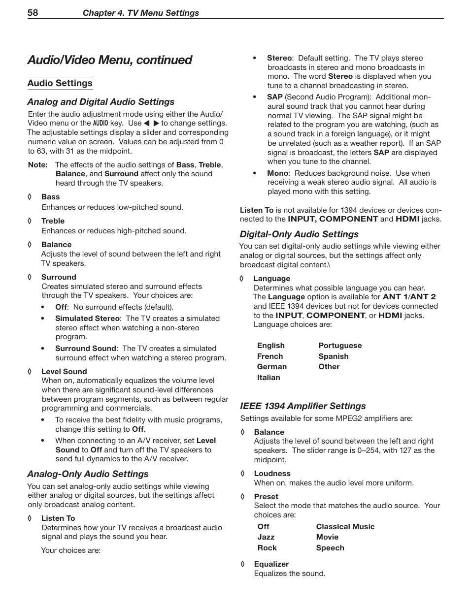 Audio/video menu, continued | MITSUBISHI ELECTRIC WD-52631 User Manual | Page 58 / 108