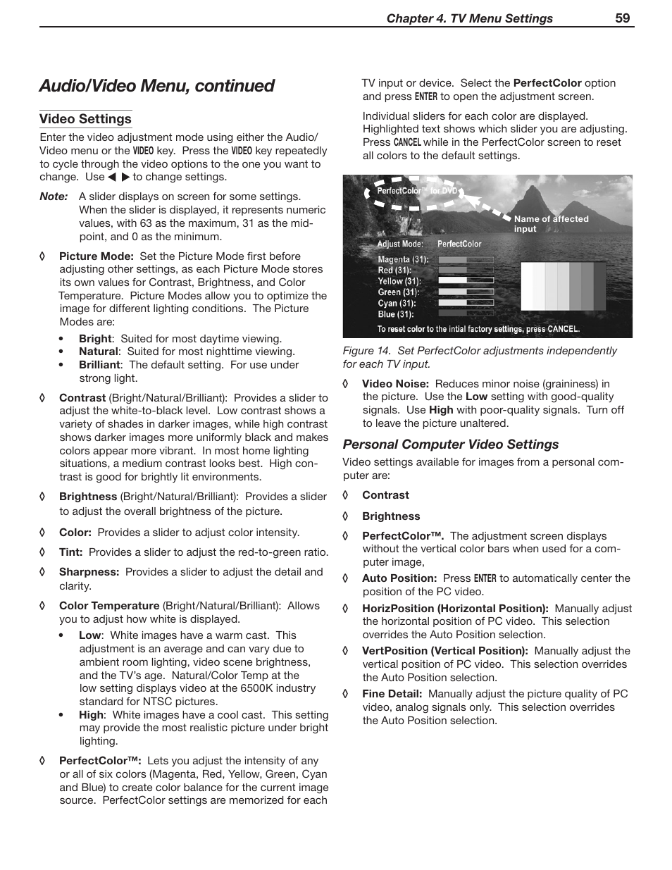 Audio/video menu, continued | MITSUBISHI ELECTRIC WD-52631 User Manual | Page 59 / 108