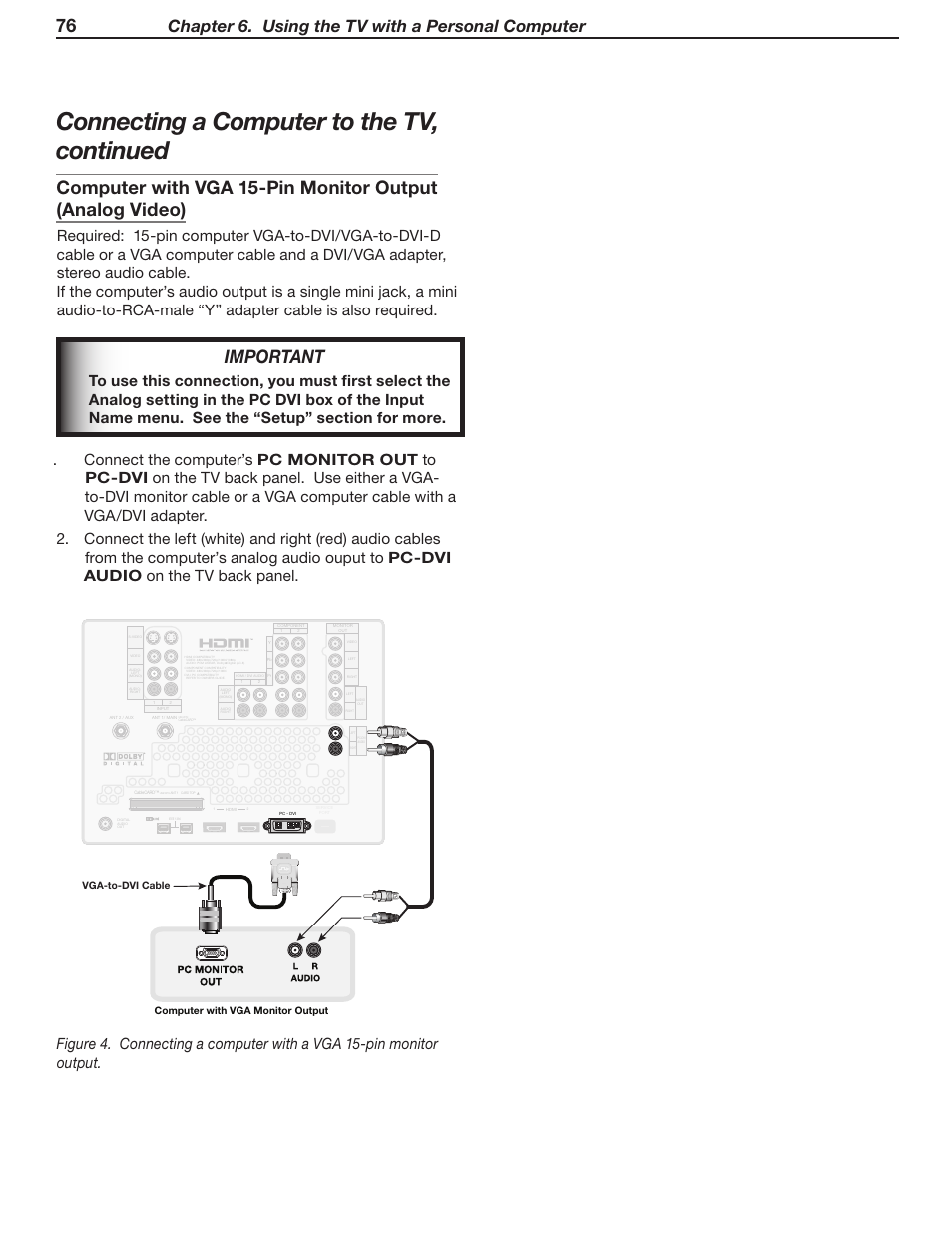Connecting a computer to the tv, continued, Important, Chapter 6. using the tv with a personal computer | MITSUBISHI ELECTRIC WD-52631 User Manual | Page 76 / 108