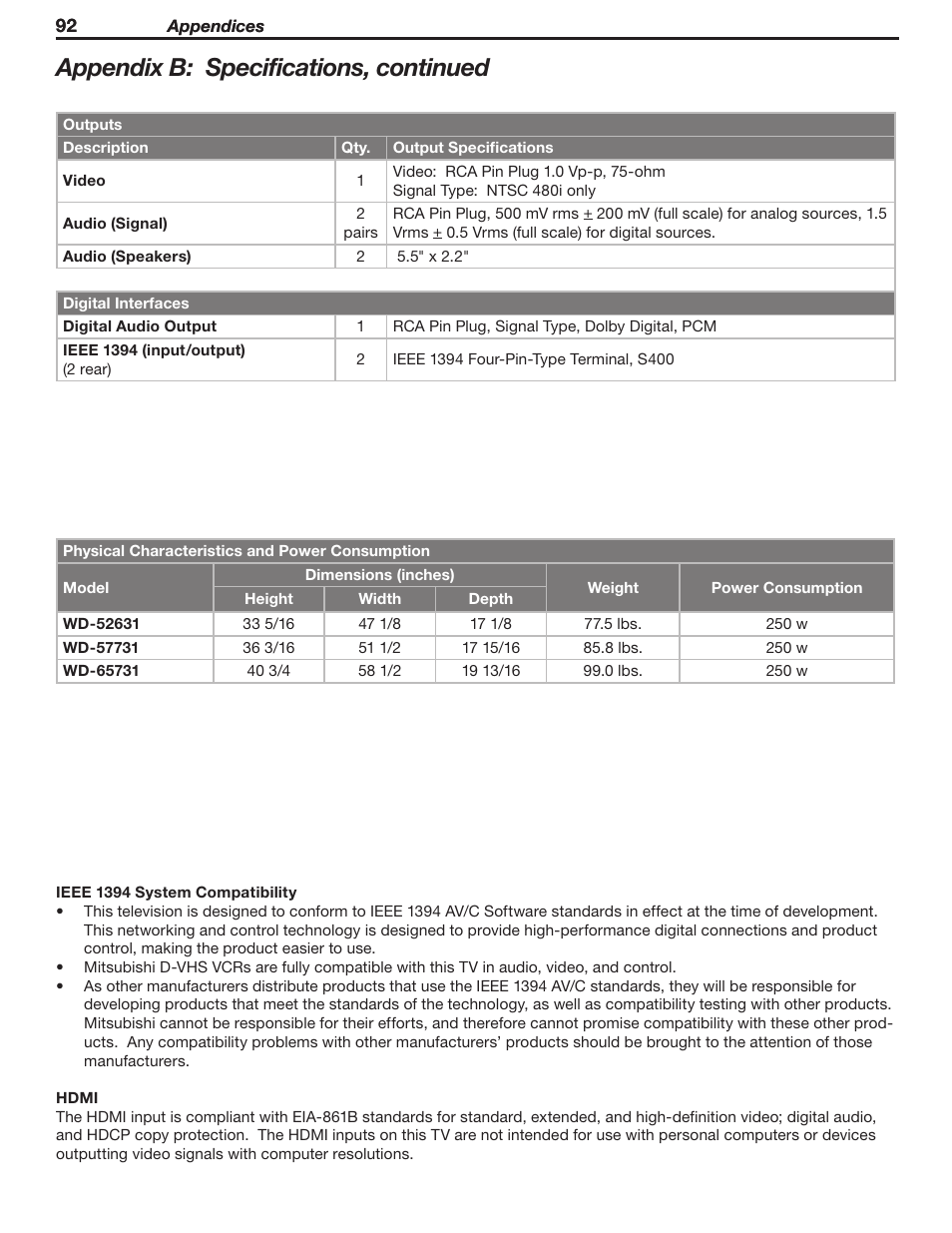 Appendix b: specifications, continued | MITSUBISHI ELECTRIC WD-52631 User Manual | Page 92 / 108